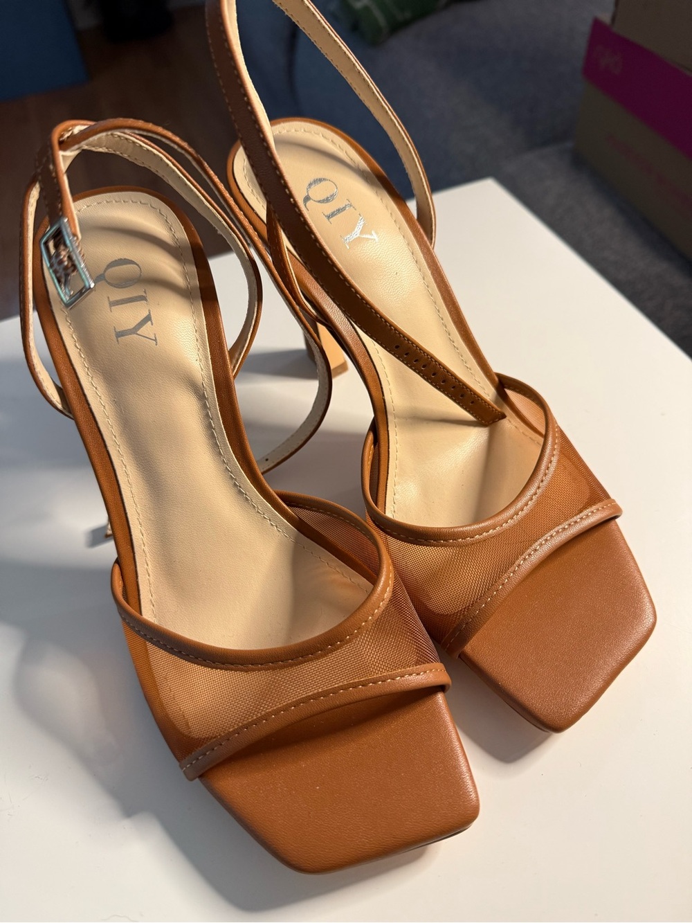 Qi Cognac Brown Square-Toe Slingback Heels
